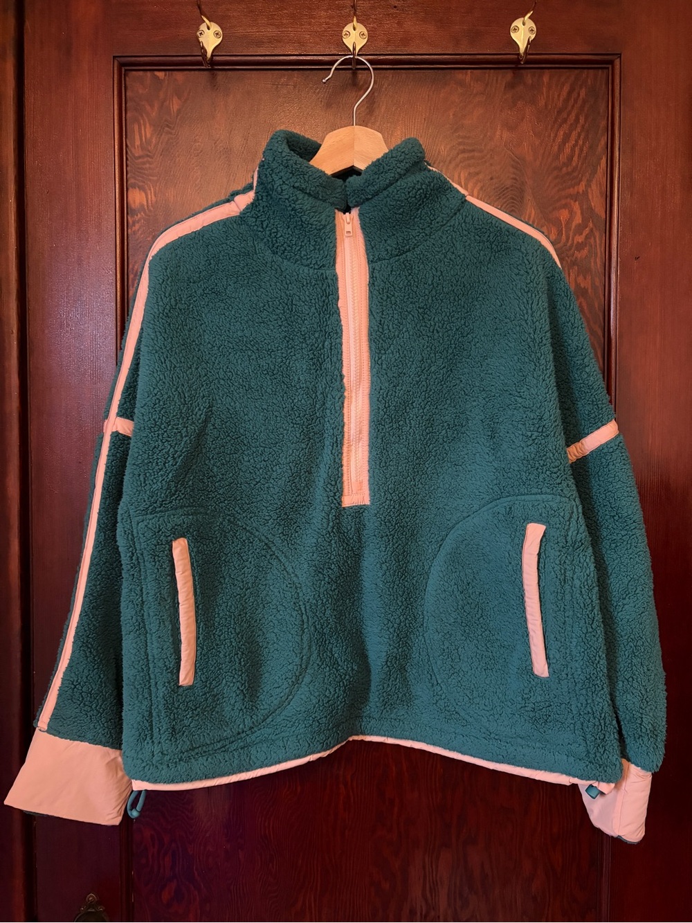 Amazon Teal Sherpa Half-Zip Pullover with Pink Trim
